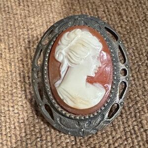 Vintage Victorian Cameo Brooch with Brass and coral Tones